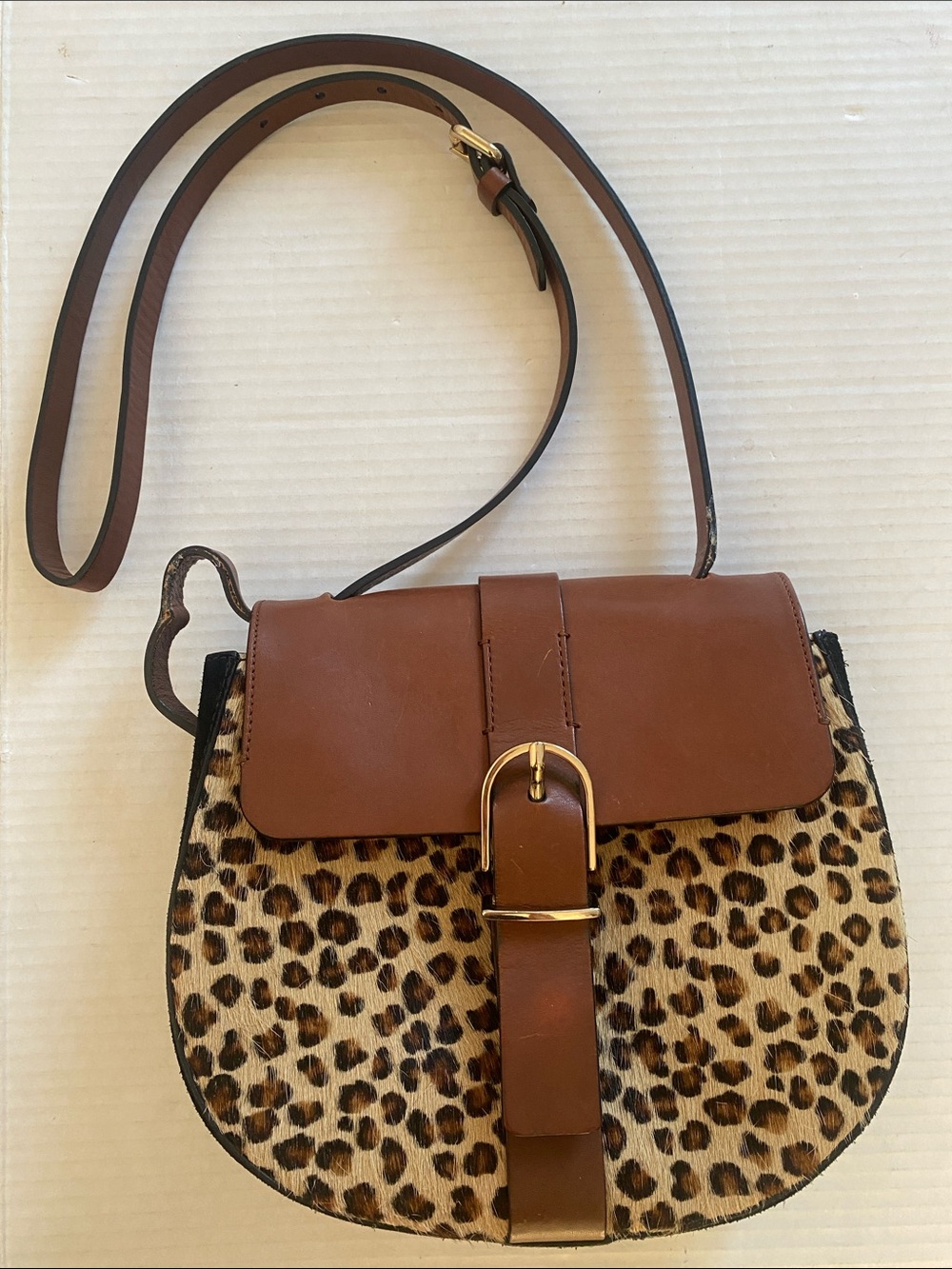 Massimo Dutti Between Leather & Leopard Print Crossbody Bag w adjustable straps